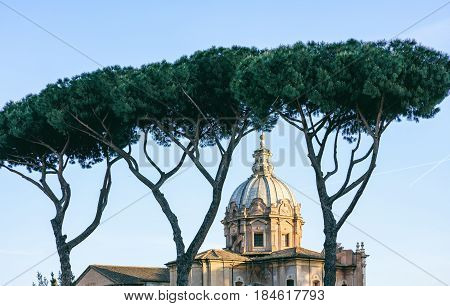 Rome, Italy -  Santa Maria Di Loreto Church And Stone Pines