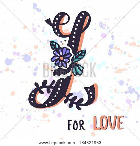 L for love. Hand drawn flourished capital letter L and decoration elements. Vector art. Great choice for Valentine's Day romantic greeting card or wedding design collection
