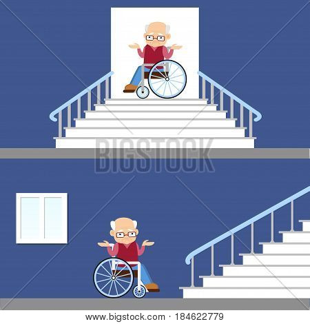 Set of vector illustration of difficulties of access for people with disability. Senior man in a wheelchair near the stairs  Flat design. Problem of barrier free environment for physically challenged people.