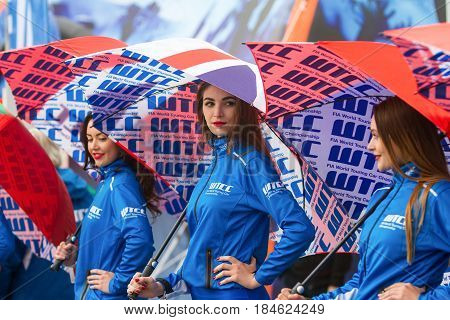 Moscow, Russia - 12 June 2016: world championship WTCC at the Moscow Raceway. Grid girls