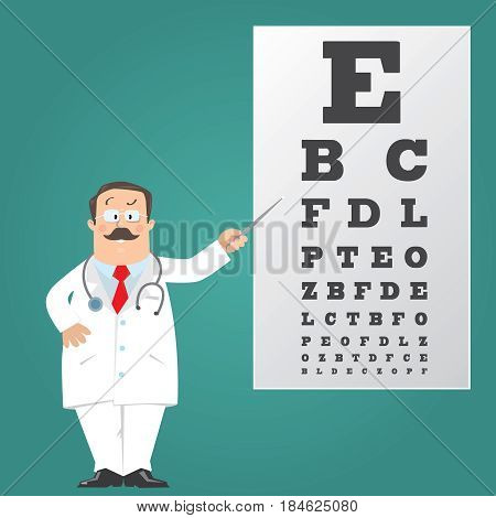 Funny man doctor optician in white coat with stethoscope, with pointer, on dark-green background with Snellen eye chart. Design template background