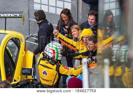 Moscow, Russia - 12 June 2016: world championship WTCC at the Moscow Raceway. Lada Sport Rosneft team welcomed the victory of Gabriele Tarquini