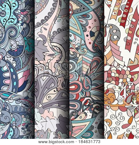 Set Of Tracery Colorful Seamless Patterns. Curved Doodling Backgrounds For Textile Or Printing With