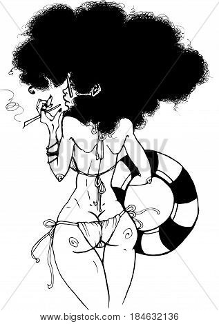 Girl with afro in sunglasses in swimsuit and striped lifebuoy and cigarette holder stands with back vector graphics