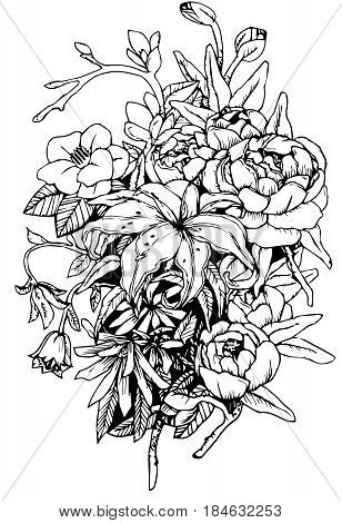 Bouquet of flowers with lilies, chamomiles, magnolias branch, camellia, bells, leaves, buds, vector graphics