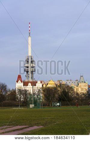 Prague Skyline With Zizkov Television Tower Transmitter