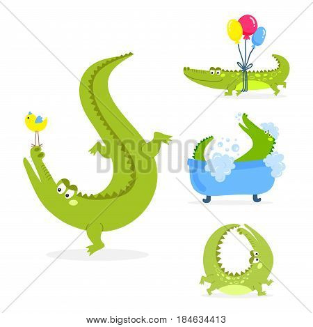 Cartoon green crocodile funny predator and australian wildlife river reptile carnivore alligator scales teeth flat vector illustration. Tropical africa safari zoo character crocodylus.