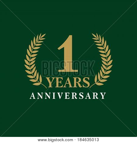 1 year anniversary royal logo. Template logo 1th anniversary with a frame in the form of laurel branches and the number one. Celebration vector illustration