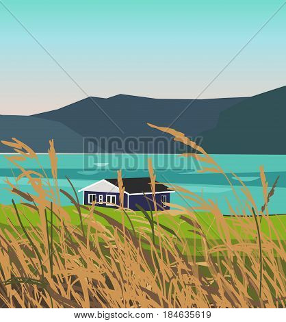 Landscape illustration of mountains near the lake and field on the foreground. You can use it like background for your logo, banner, or for landing page.