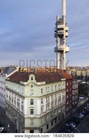 Prague Skyline With Zizkov Television Tower Transmitter