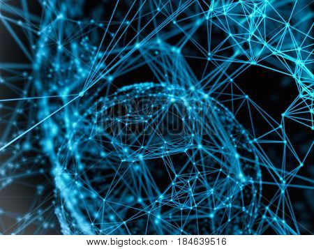 Cyber virtual space technology mesh attack, destroy sphere cyber geometry orb and polygonal lines and dots. Futuristic Technology, digitally generated image, 3d rendering