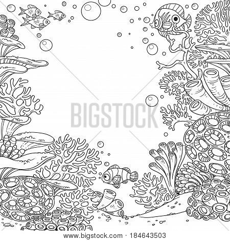 Underwater World With Corals, Anemones And Fish Outlined Isolated On White Background