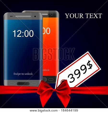 Advertising banner with realistic frameless smartphones with a red gift bow made of satin ribbon. Vector illustration.