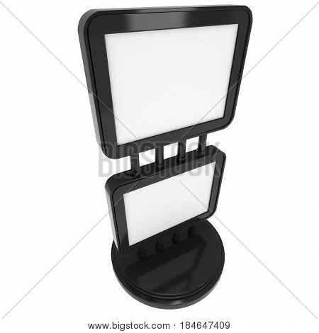 Empty showcase with glass shelves for exhibit. 3D render illustration isolated on white background. Trade show booth black pedestal for expo design.