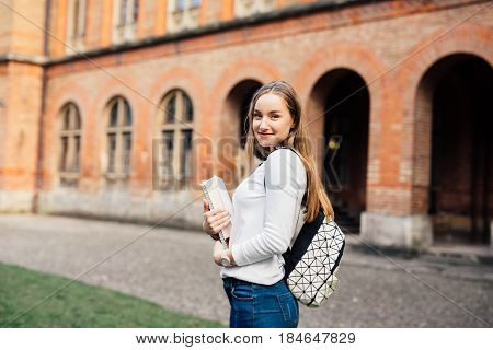 Pretty Gurl With Smile In Campud Of University Student Portrait