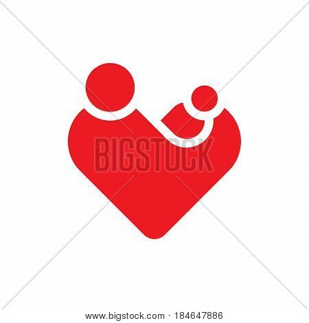 Mother with her child in her hands. Simplified symbol in a shape of heart. Motherhood or Mothers Day theme. Red vector illustration.