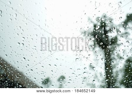Rain water drops on a clear windows glass