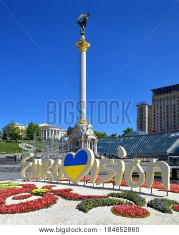 Kiev Ukraine - May 3 2017: Independence square. Maidan. The center of Kyiv on the eve of the Eurovision Song Contest 2017