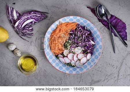 Healthy Spring Green Salad With Radish, Red Cabbage And Carrot.