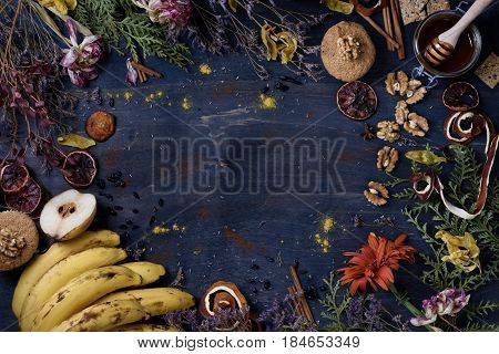 Beautiful Messy Background With Cakces, Fruits And Nuts. Food Frame.