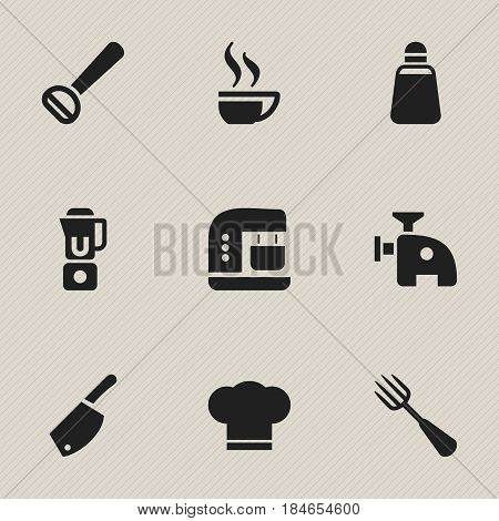 Set Of 9 Editable Cooking Icons. Includes Symbols Such As Mixer, Cook Cap, Silverware And More. Can Be Used For Web, Mobile, UI And Infographic Design.