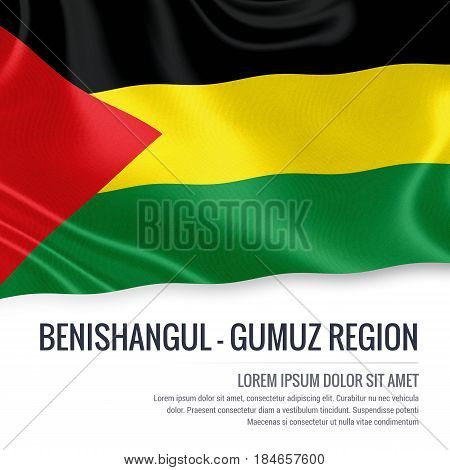 Benishangul-Gumuz Region flag. Flag of Ethiopian state Benishangul-Gumuz Region waving on an isolated white background. State name and the text area for your message. 3D illustration.