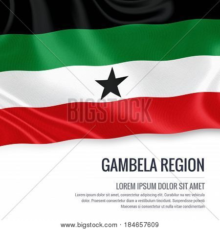 Gambela Region flag. Flag of Ethiopian state Gambela Region waving on an isolated white background. State name and the text area for your message. 3D illustration.