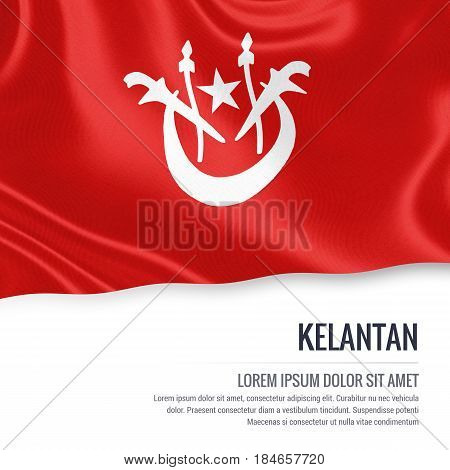 Kelantan flag. Flag of Malaysian state Kelantan waving on an isolated white background. State name and the text area for your message. 3D illustration.