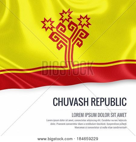 Russian state Chuvash Republic flag waving on an isolated white background. State name and the text area for your message. 3D illustration.