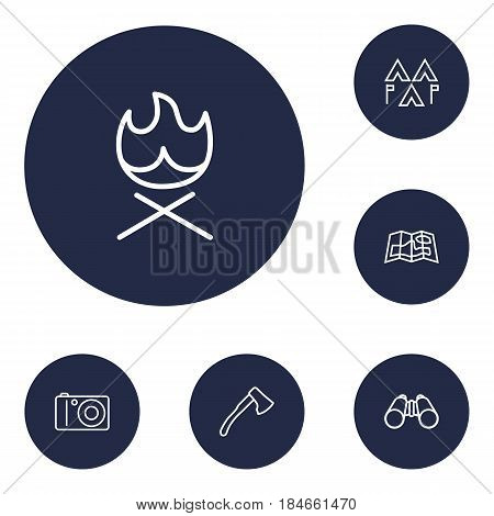 Set Of 6 Picnic Outline Icons Set.Collection Of Encampment, Photographing, Ax And Other Elements.
