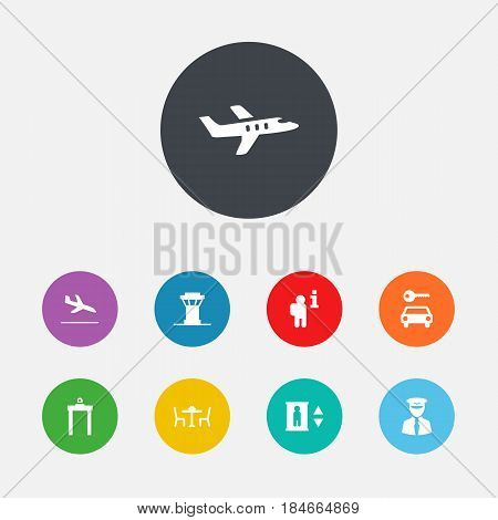 Set Of 9 Airplane Icons Set.Collection Of Air Traffic Controller, Letdown, Restaurant And Other Elements.