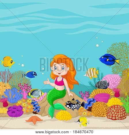 Vector illustration of Cute mermaid presenting in the underwater background