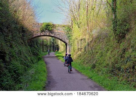 Wadebridge, Cornwall, Uk - April 6 2017: Cyclists Riding Along The Camel Trail From Wadebridge To Pa