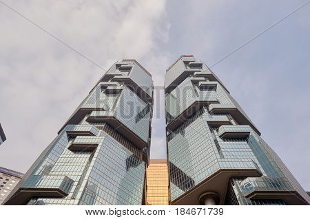 HONG KONG - CIRCA DECEMBER, 2015: a twin-tower skyscraper complex Lippo Centre in Hong Kong, China.
