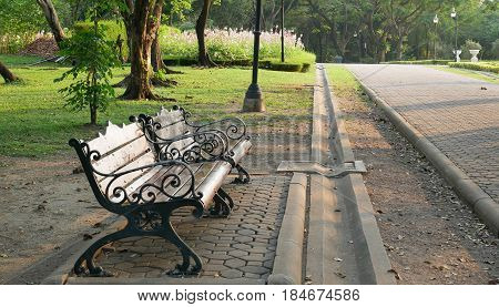 Empty wooden bench in the park on a sunny day.