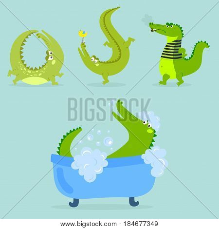 Cartoon green crocodile funny predator and australian wildlife river reptile carnivore alligator scales teeth flat vector illustration. Tropical africa safari zoo character crocodylus.