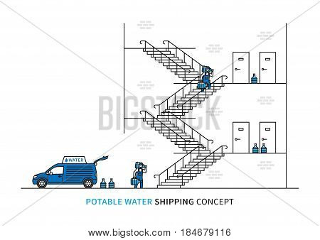 Potable water shipping vector illustration. Workers carry drinking water bottles to customer apartments. Water delivery graphic design