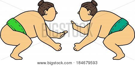 Mono line style illustration of a Japanese rikishi or wrestler engaging in a match bout of Sumo or sumo wrestling competitive full-contact wrestling sport face off viewed from the side set on isolated white background.