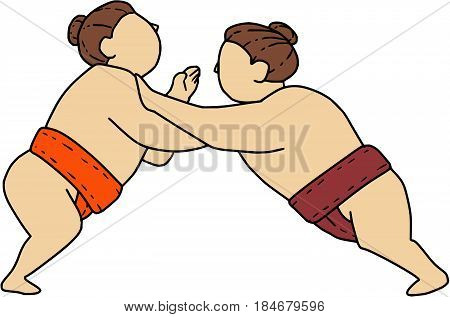 Mono line style illustration of a Japanese rikishi or wrestler engaging in a match bout of Sumo or sumo wrestling competitive full-contact wrestling sport pushing viewed from the side set on isolated white background.