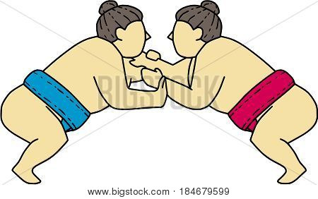 Mono line style illustration of a Japanese rikishi or wrestler engaging in a match bout of Sumo or sumo wrestling competitive full-contact wrestling sport viewed from the side set on isolated white background