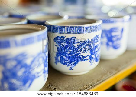 Ceramic cup on a shelf, ceramic products and industry in Thailand
