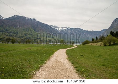 Beautiful Bohinj lake and its green surroundings in Slovenia during springtime