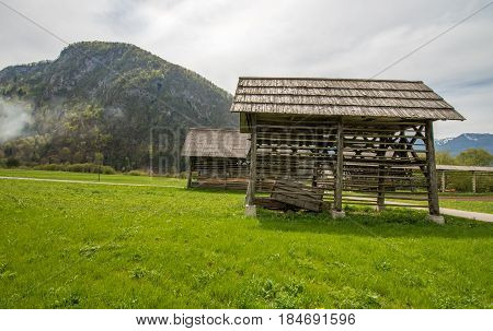 Traditional wooden double hayrack in small village of Studor near Bohinj in Slovenia during spring time
