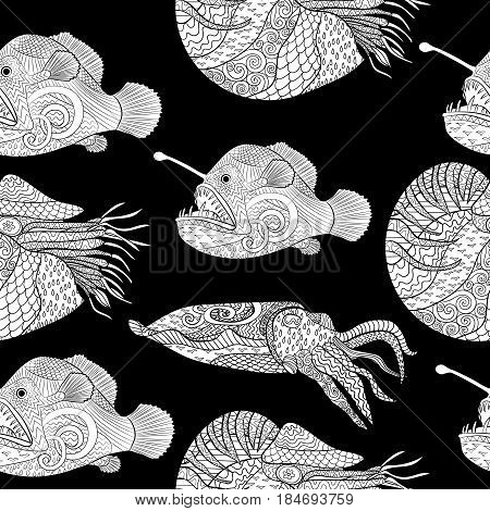 Oceanic animals zentangle seamless pattern. Hand drawn tile texture with fish for coloring book.Template for textile, wrapping or scrapbook paper print. Antistress colouring page for grown ups.