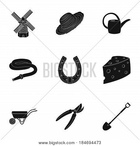 Set of pictures about gardening. Village, vegetable garden, garden, ecology.Farm and Gardening icon in set collection on black style vector symbol stock web illustration.