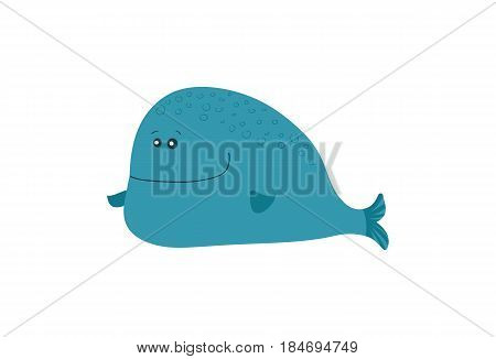 Blue whale vector illustration isolated on white background. Cute ocean creature, comic aquarium animal, marine wildlife character in cartoon style.