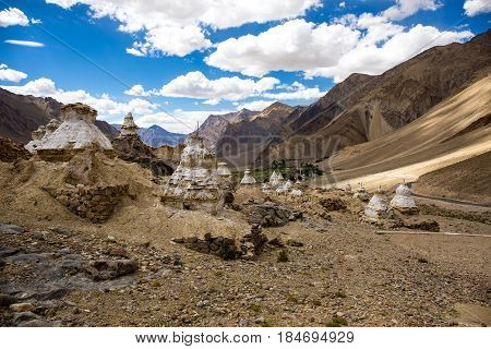A lot of little stupa on the mountain in Zanskar Valley Padum Ladakh Jammu and Kashmir India.
