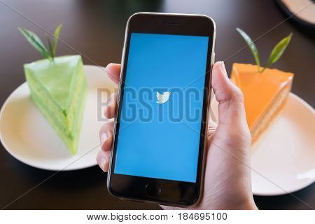 Chiangmai Thailand -jan 282017:iphone 6s Open Twitter App.twitter Is An Online Social Networking And
