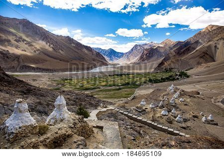 A lot of little stupa on the mountain in Zanskar Valley Padum Ladakh Jammu and Kashmir India.