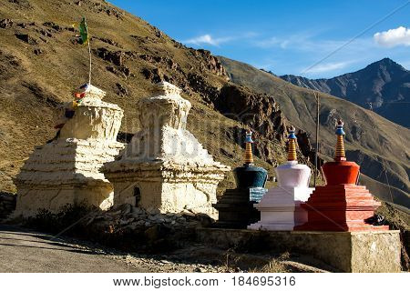 A lot of little stupa on the mountain in Zanskar Valley Padum Ladakh Jammu and Kashmir India.